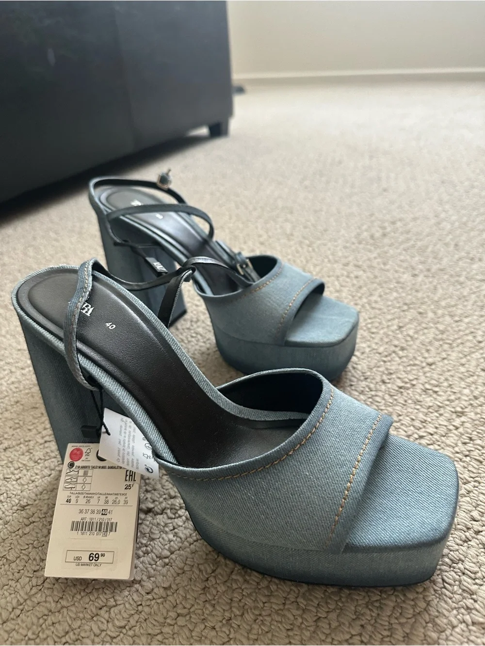 Zara Denim Platform Block Heel Sandal in Light Blue